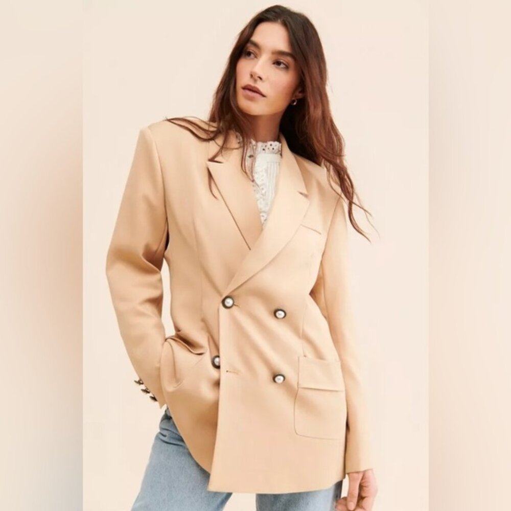 Sister Jane Harlow Double-Breasted Blazer Tan Oversized